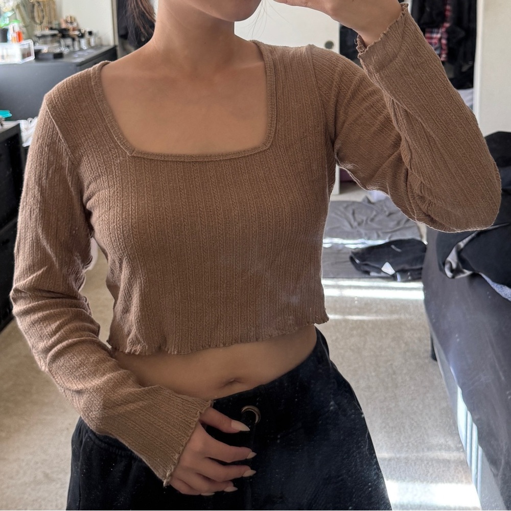 Gilly Hicks Brown Cropped Square Neck Long Sleeve Size S